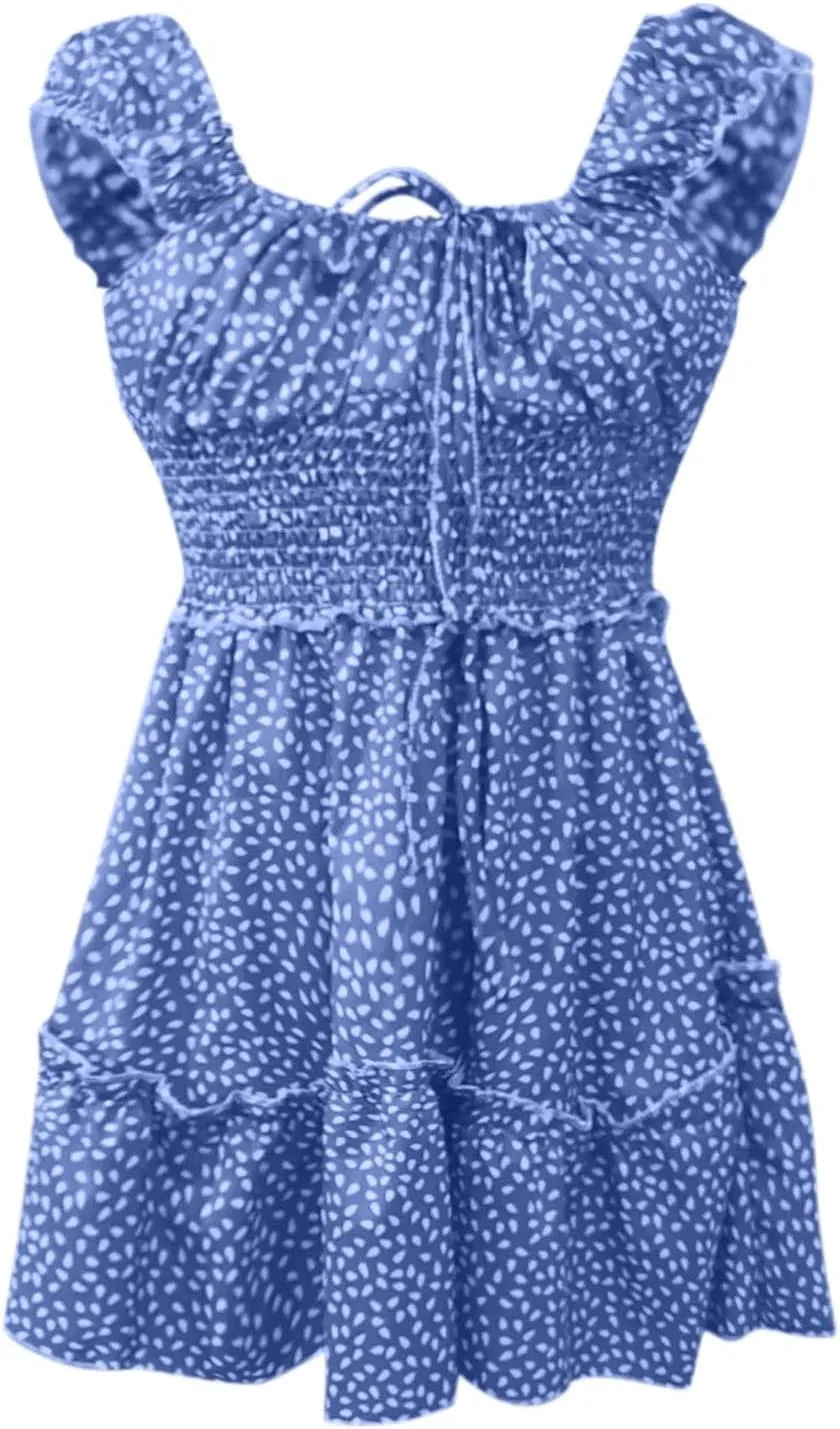 Women's Floral Smocked Tiered Ruffle Dress Pleated High Waist Sweetheart Neckline Mini Dresses Short Sundress
