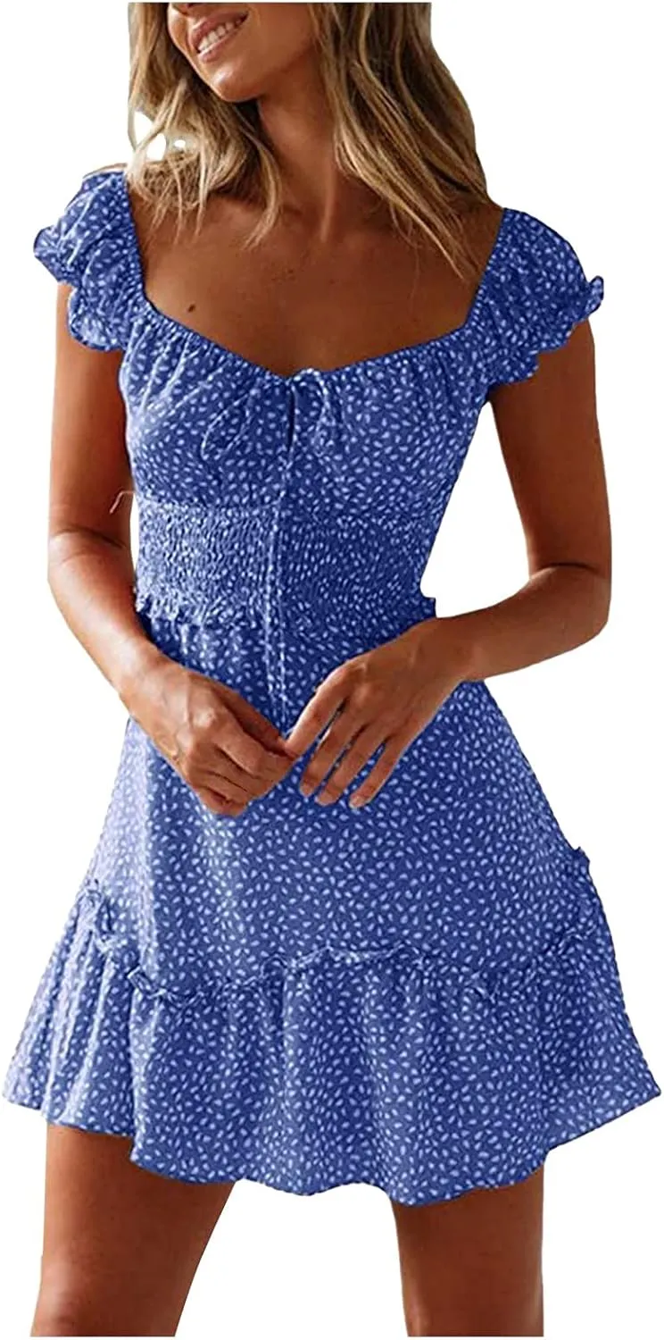 Women's Floral Smocked Tiered Ruffle Dress Pleated High Waist Sweetheart Neckline Mini Dresses Short Sundress