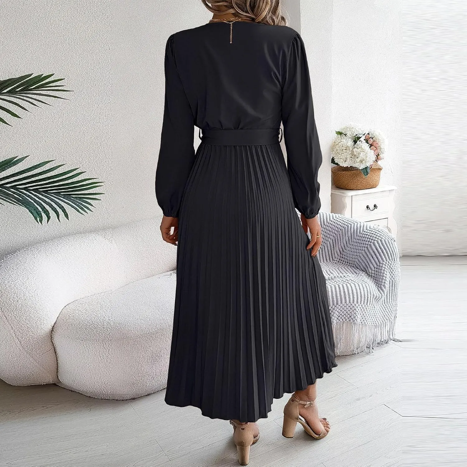 Women's Formal Dresses Wedding Guest Trendy V Neck Long Sleeve Solid Color Flowy Prom Cocktail Maxi Dress, S-XL