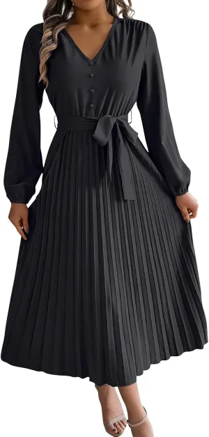 Women's Formal Dresses Wedding Guest Trendy V Neck Long Sleeve Solid Color Flowy Prom Cocktail Maxi Dress, S-XL