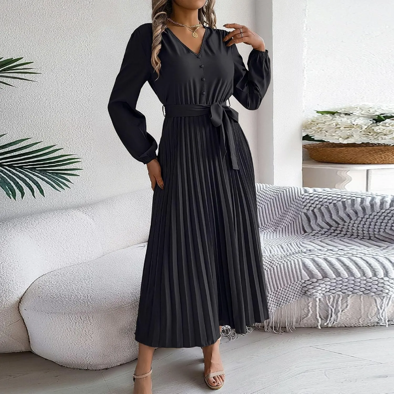 Women's Formal Dresses Wedding Guest Trendy V Neck Long Sleeve Solid Color Flowy Prom Cocktail Maxi Dress, S-XL