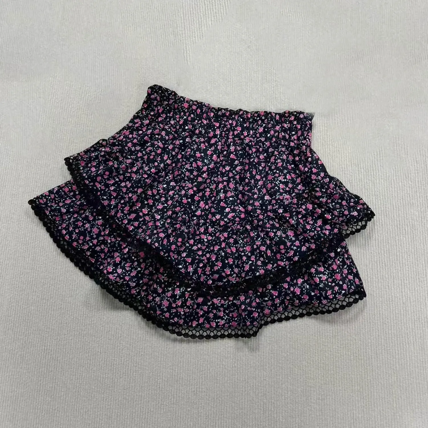 Women's High Waist Ruffle Flowy Mini Skirts Stretchy High Waist Boho Floral Layered Pleated Casual Beach Short Skirt