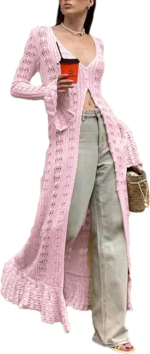 Women's Hollow Out Knit Cardigans Flared Sleeve Casual Knitted Dress Long Sleeve Cardigan Kimono for Women Dress