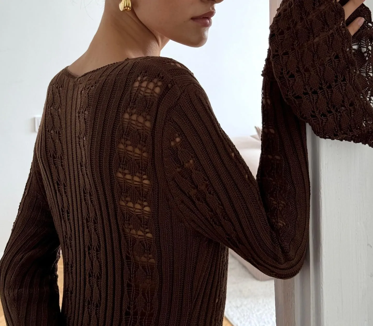 Women's Hollow Out Knit Cardigans Flared Sleeve Casual Knitted Dress Long Sleeve Cardigan Kimono for Women Dress