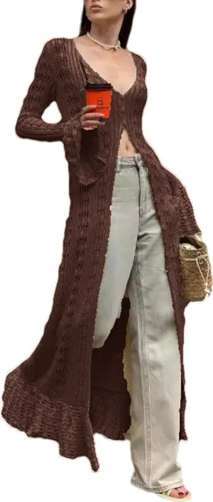 Women's Hollow Out Knit Cardigans Flared Sleeve Casual Knitted Dress Long Sleeve Cardigan Kimono for Women Dress