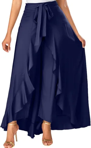 Women's Irregular Ruffle Pants Skirts High Waist Knot Tie Casual Maxi Long Palazzo Culottes A-Line Skirts Trousers