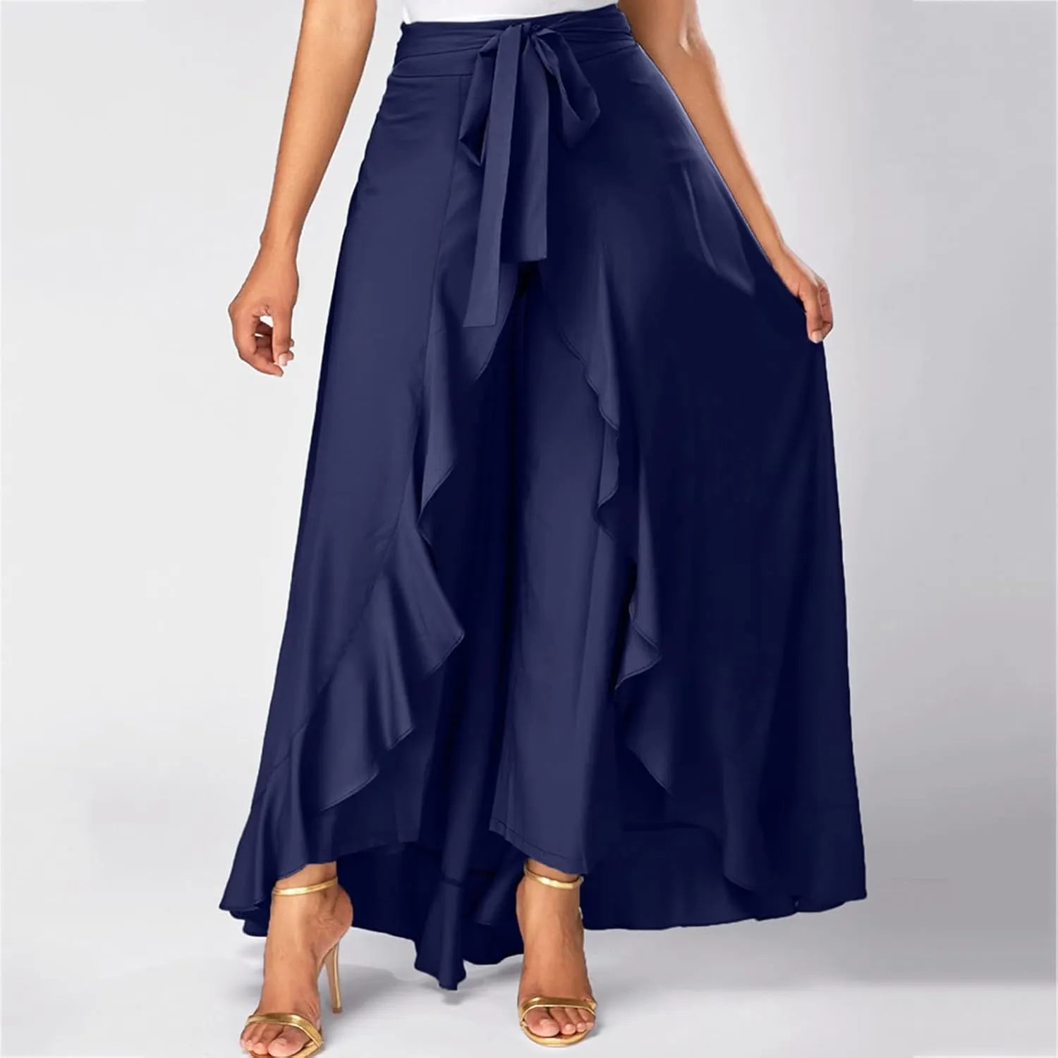 Women's Irregular Ruffle Pants Skirts High Waist Knot Tie Casual Maxi Long Palazzo Culottes A-Line Skirts Trousers