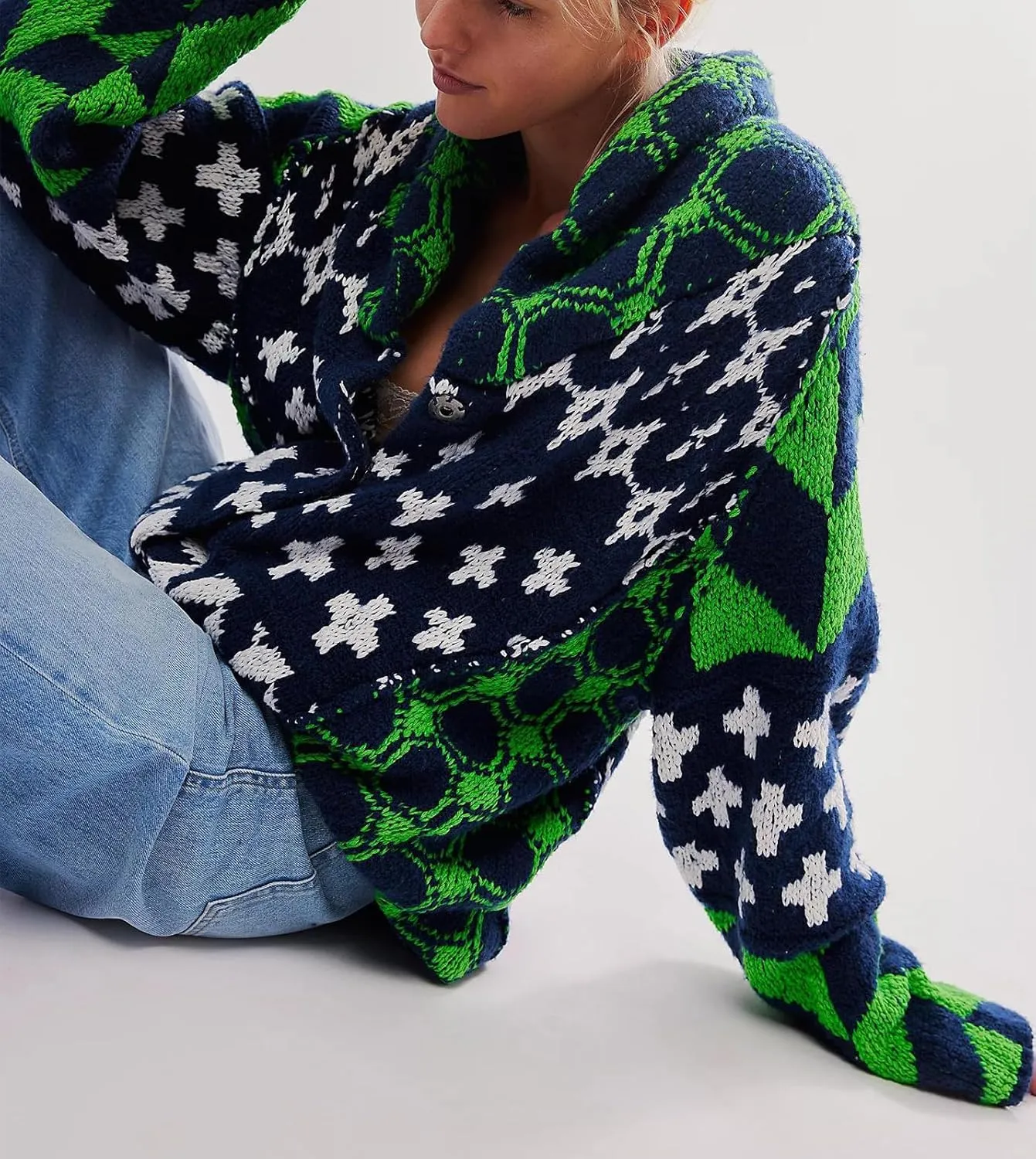 Womens Knit Cardigan Sweater Button Down Oversized Sweaters Y2k Graphic Shawl Collar Fall Cardigans Coats
