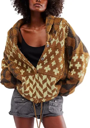 Womens Knit Cardigan Sweater Button Down Oversized Sweaters Y2k Graphic Shawl Collar Fall Cardigans Coats