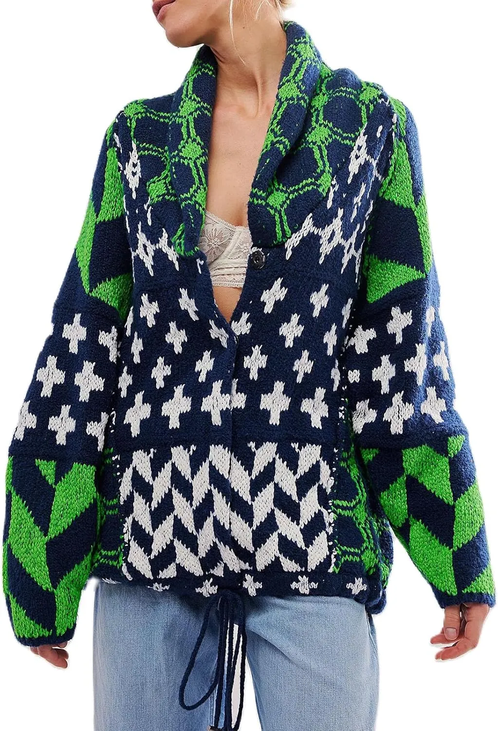 Womens Knit Cardigan Sweater Button Down Oversized Sweaters Y2k Graphic Shawl Collar Fall Cardigans Coats