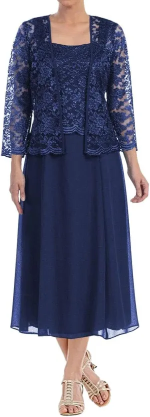 Women's Lace Mother of The Bride Dresses with Jacket Long Sleeve Chiffon Tea Length Formal Dresses Evening Gowns MK13