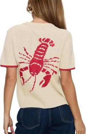 Women's Lobster Print Crop Sweater Cardigans Short Sleeve Button Down Knitted Shirts Vintage Chunky Summer Coat