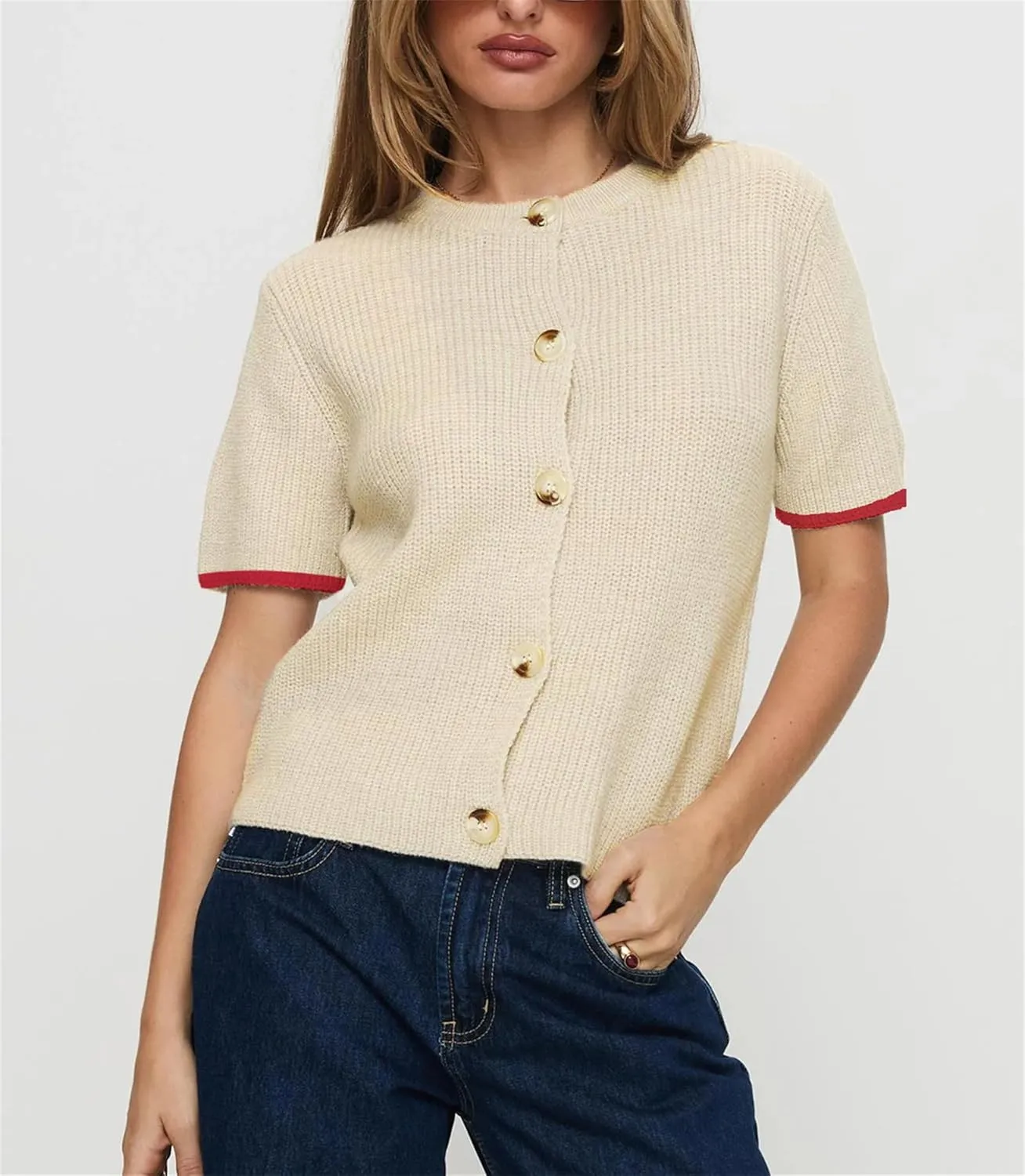 Women's Lobster Print Crop Sweater Cardigans Short Sleeve Button Down Knitted Shirts Vintage Chunky Summer Coat