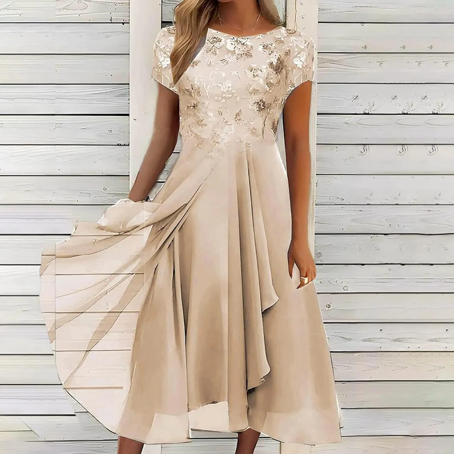 Women's Long Dresses Elegant Lace Splicing Solid Color Evening Gown Short Sleeve Cocktail Wedding Dresses, S-3XL