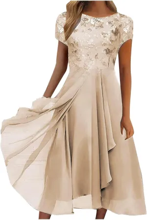 Women's Long Dresses Elegant Lace Splicing Solid Color Evening Gown Short Sleeve Cocktail Wedding Dresses, S-3XL