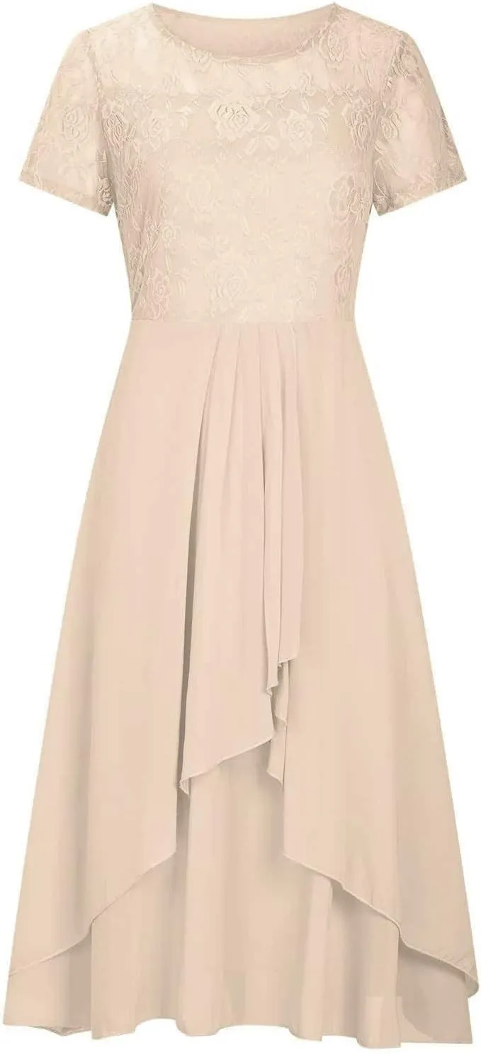 Women's Long Dresses Elegant Lace Splicing Solid Color Evening Gown Short Sleeve Cocktail Wedding Dresses, S-3XL