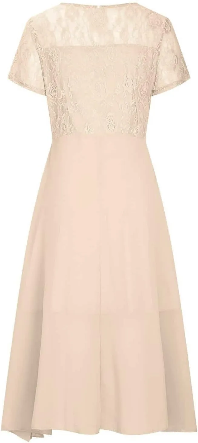 Women's Long Dresses Elegant Lace Splicing Solid Color Evening Gown Short Sleeve Cocktail Wedding Dresses, S-3XL