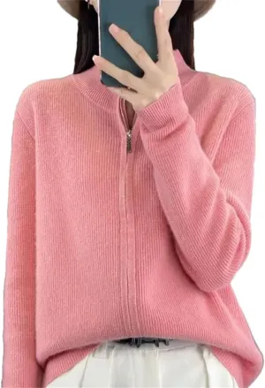 Women's Long Sleeve Zipper Jumper Cardigans Stand Collar Knitted Sweater Coat