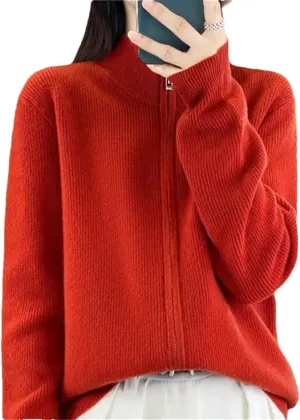 Women's Long Sleeve Zipper Jumper Cardigans Stand Collar Knitted Sweater Coat