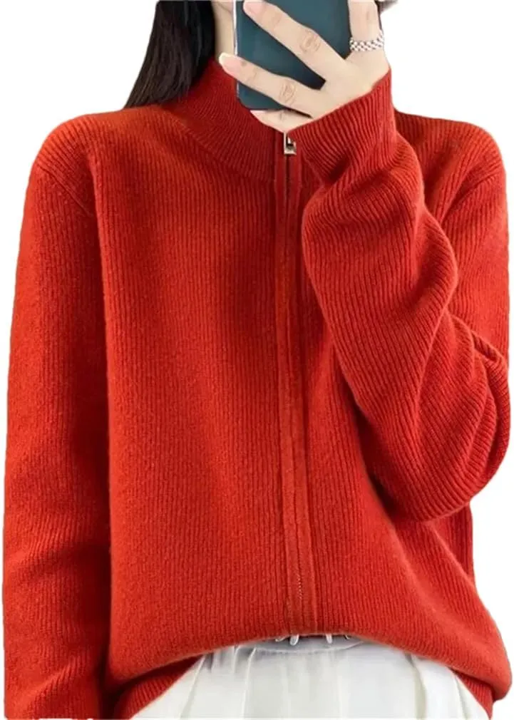 Women's Long Sleeve Zipper Jumper Cardigans Stand Collar Knitted Sweater Coat