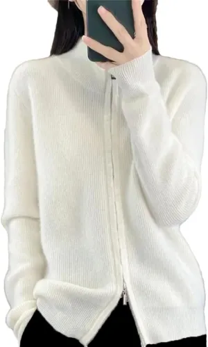 Women's Long Sleeve Zipper Jumper Cardigans Stand Collar Knitted Sweater Coat