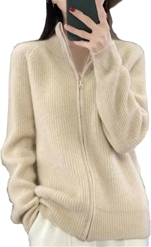 Women's Long Sleeve Zipper Jumper Cardigans Stand Collar Knitted Sweater Coat