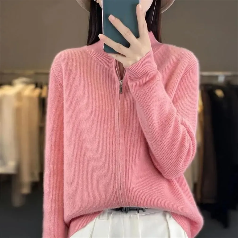 Women's Long Sleeve Zipper Jumper Cardigans Stand Collar Knitted Sweater Coat