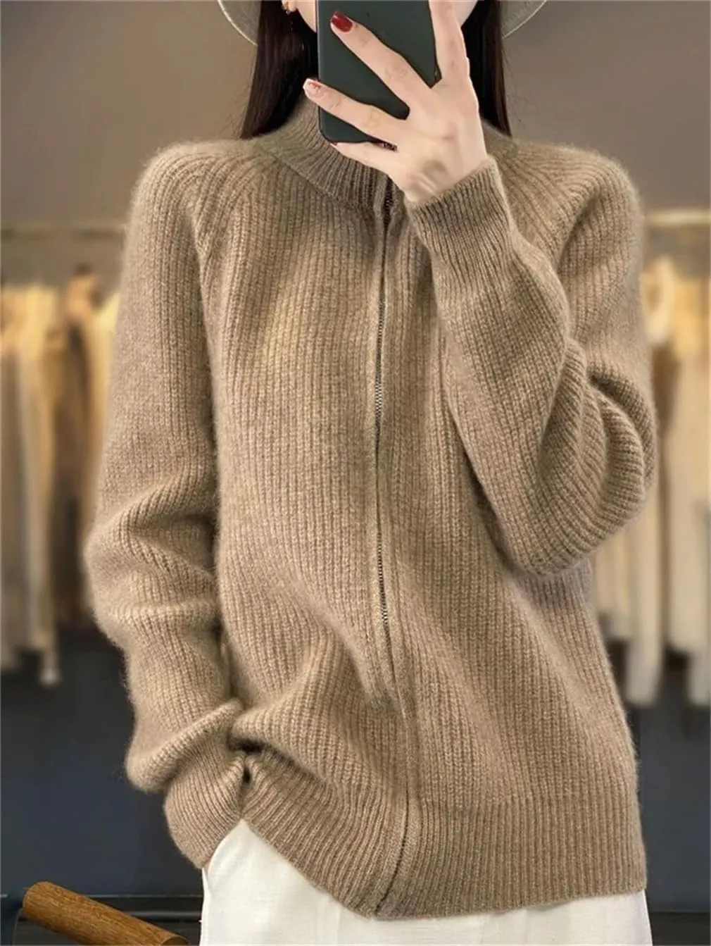 Women's Long Sleeve Zipper Jumper Cardigans Stand Collar Knitted Sweater Coat