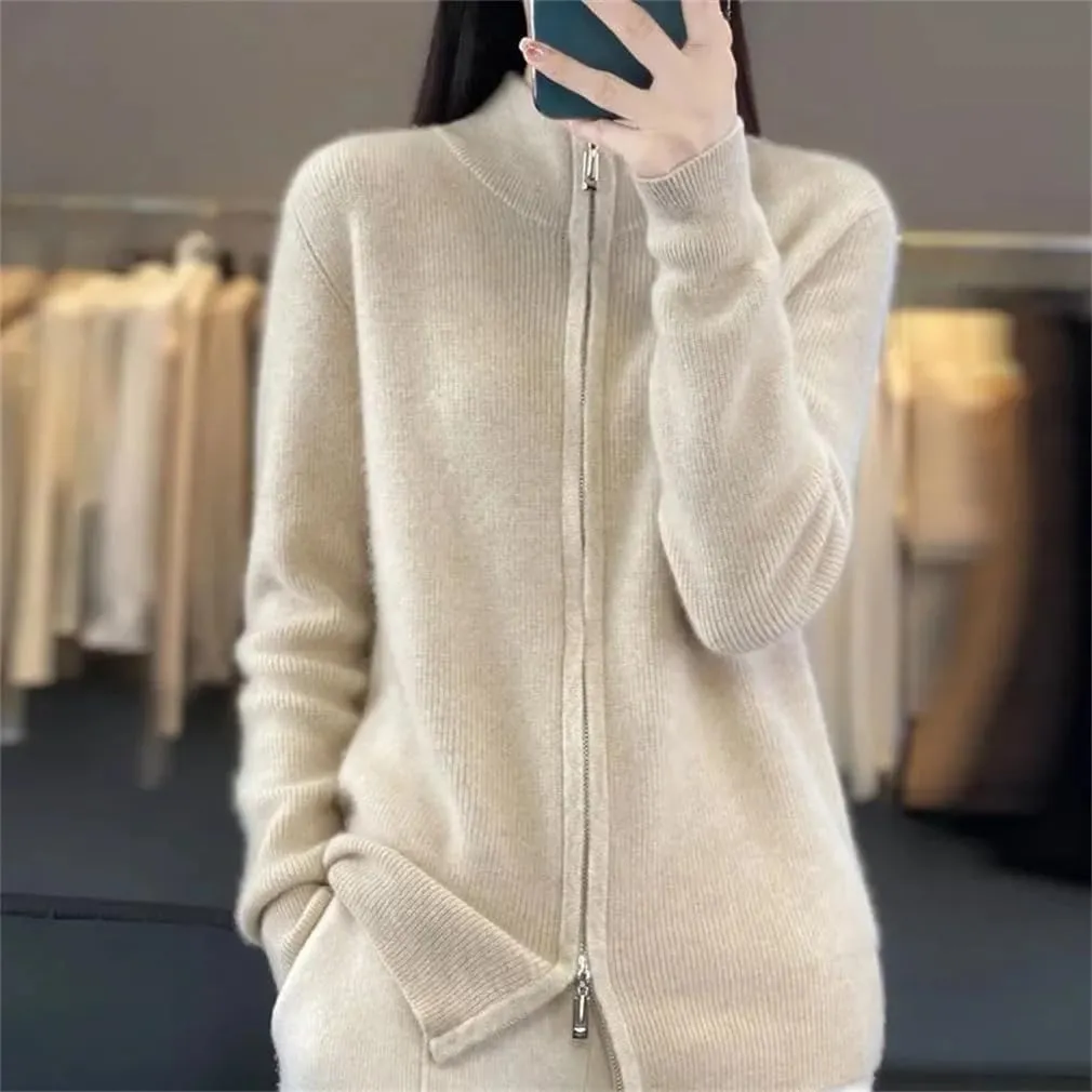Women's Long Sleeve Zipper Jumper Cardigans Stand Collar Knitted Sweater Coat