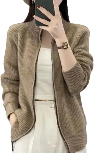 Women's Long Sleeve Zipper Jumper Cardigans Stand Collar Knitted Sweater Coat