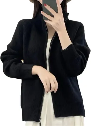 Women's Long Sleeve Zipper Jumper Cardigans Stand Collar Knitted Sweater Coat