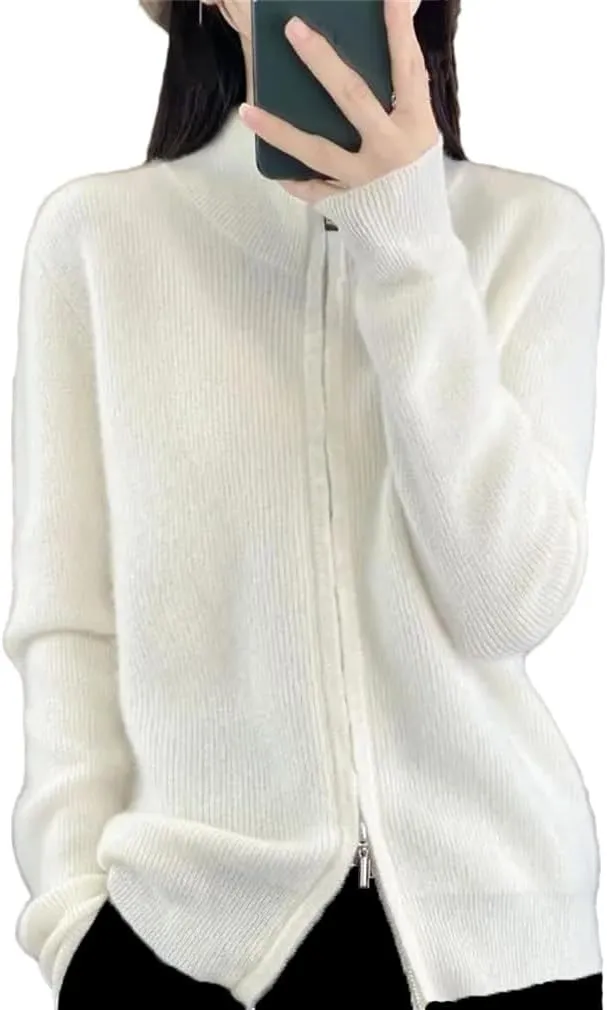 Women's Long Sleeve Zipper Jumper Cardigans Stand Collar Knitted Sweater Coat
