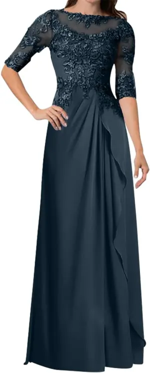 Women's Long Sleeves Mother of The Bride Dresses for Wedding Lace Appliques Chiffon Formal Evening Gowns