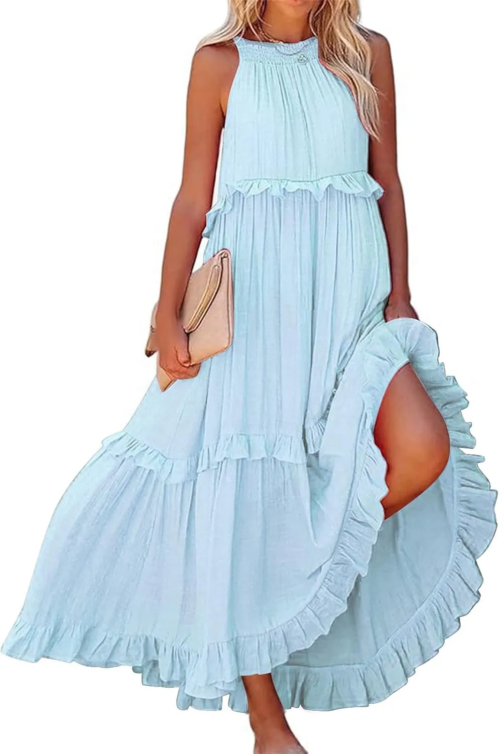 Women's Maxi Dress 2025 Summer Halter Sleeveless Ruffle Tiered Casual Loose Sundress Swing Boho Beach Party Long Dress