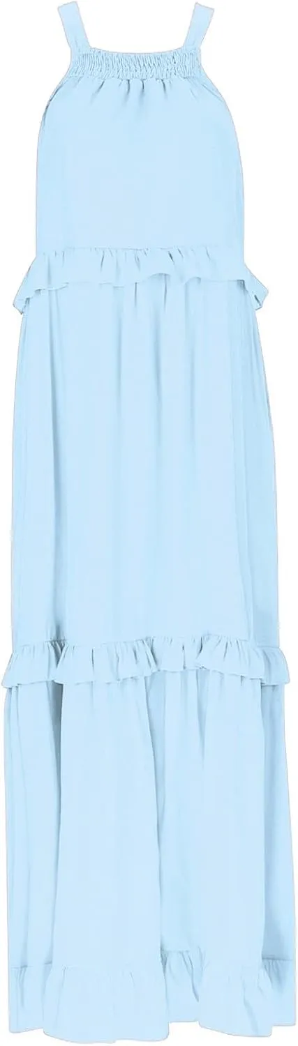 Women's Maxi Dress 2025 Summer Halter Sleeveless Ruffle Tiered Casual Loose Sundress Swing Boho Beach Party Long Dress
