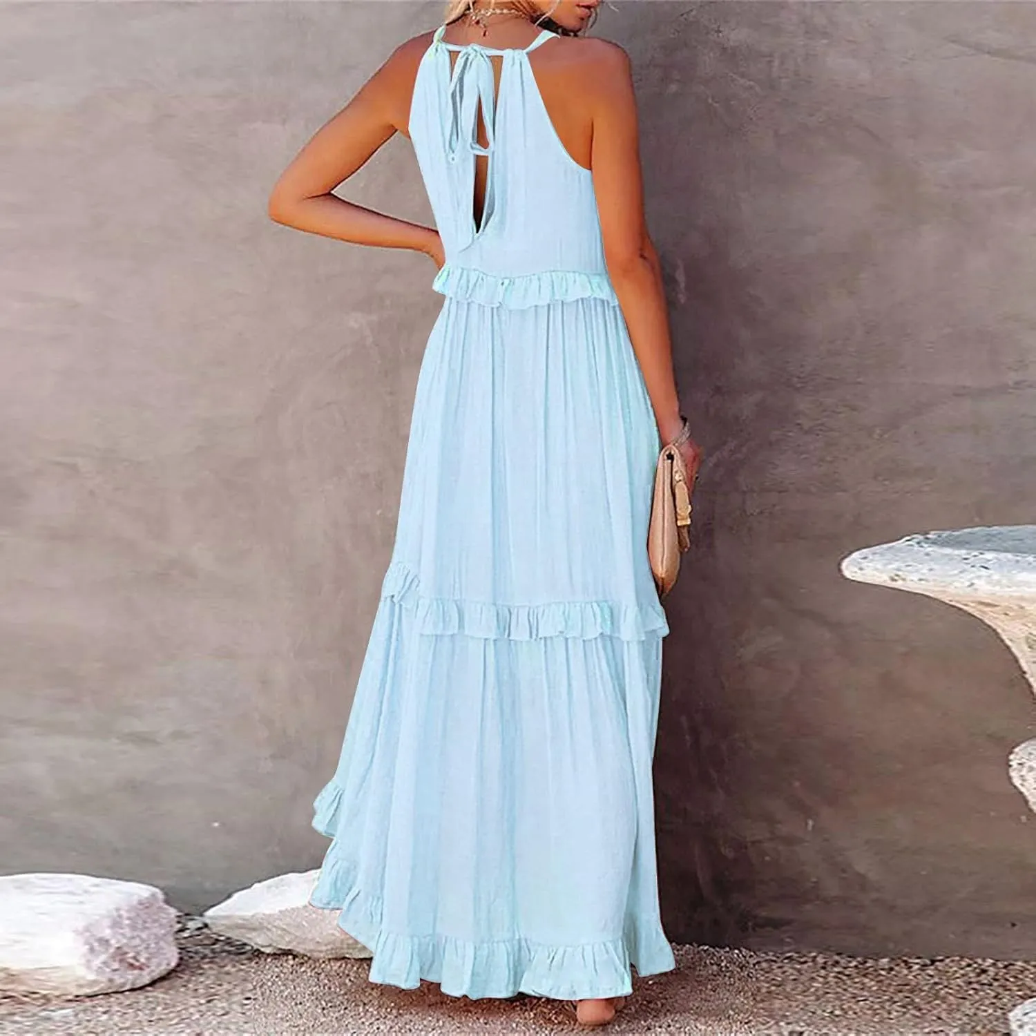 Women's Maxi Dress 2025 Summer Halter Sleeveless Ruffle Tiered Casual Loose Sundress Swing Boho Beach Party Long Dress
