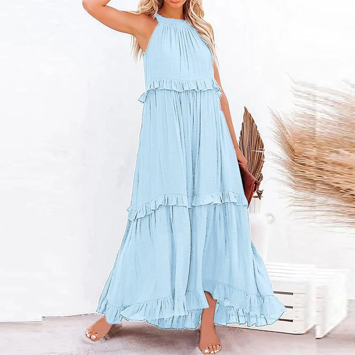 Women's Maxi Dress 2025 Summer Halter Sleeveless Ruffle Tiered Casual Loose Sundress Swing Boho Beach Party Long Dress