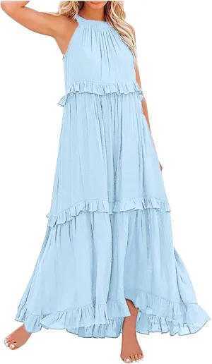 Women's Maxi Dress 2025 Summer Halter Sleeveless Ruffle Tiered Casual Loose Sundress Swing Boho Beach Party Long Dress