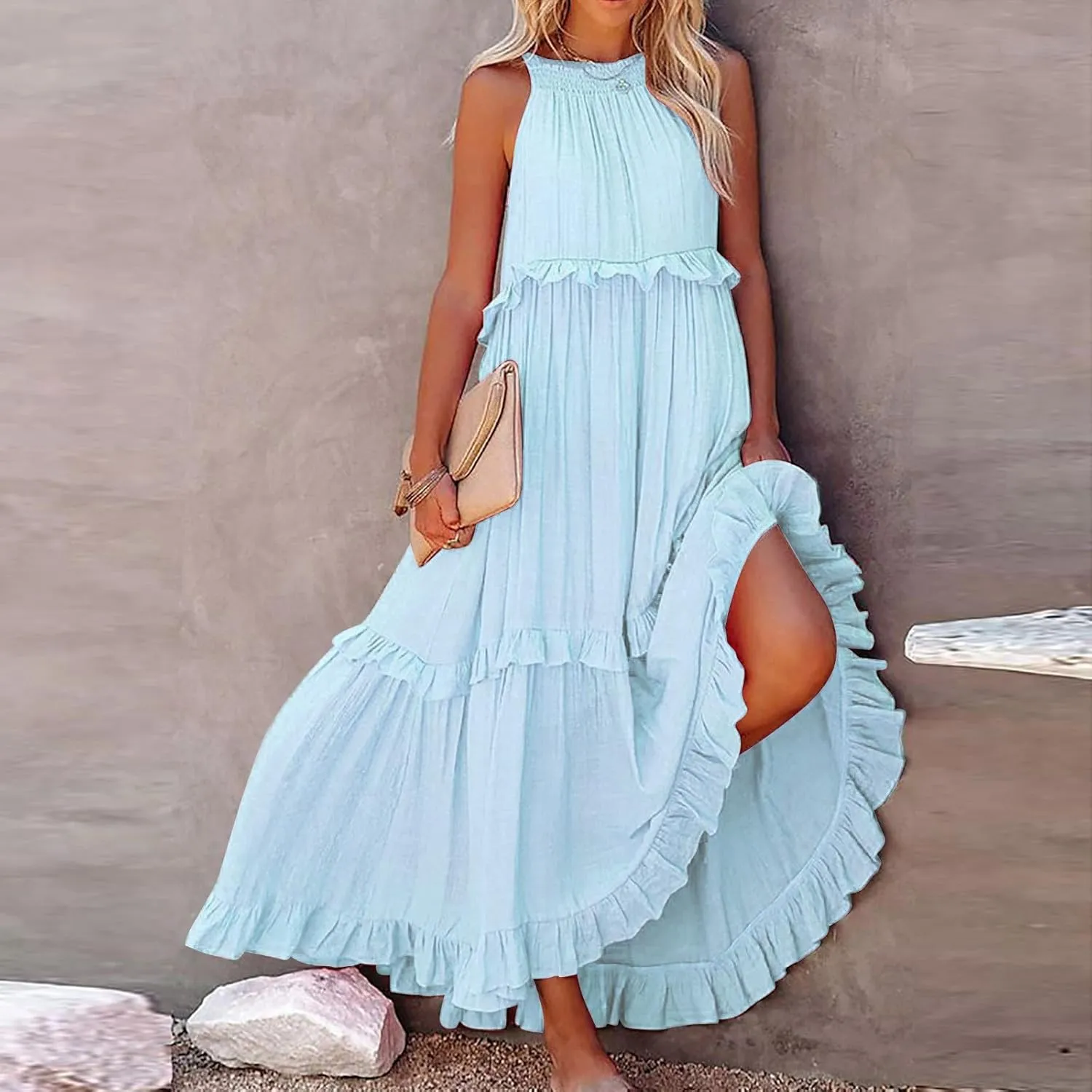 Women's Maxi Dress 2025 Summer Halter Sleeveless Ruffle Tiered Casual Loose Sundress Swing Boho Beach Party Long Dress