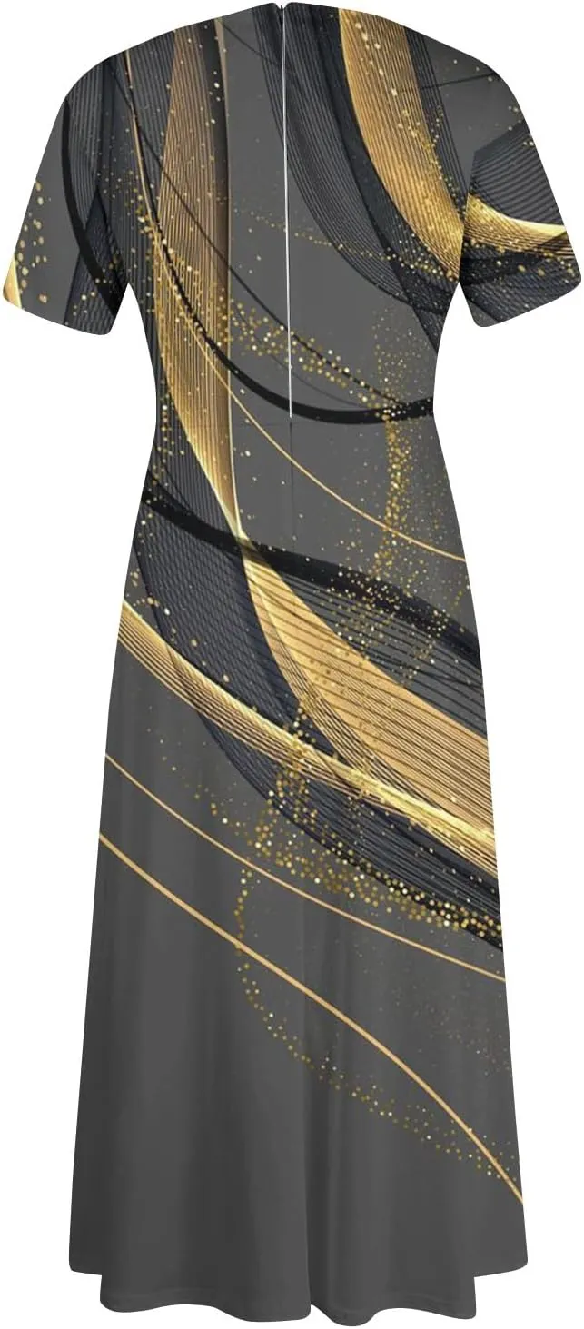 Women's Maxi Dresses Summer Casual Loose Trendy Short Sleeve Floral Print Solid Flowy Dress 2025 Plus Size, XL-5XL