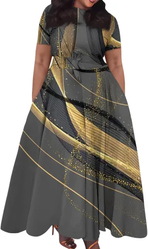 Women's Maxi Dresses Summer Casual Loose Trendy Short Sleeve Floral Print Solid Flowy Dress 2025 Plus Size, XL-5XL