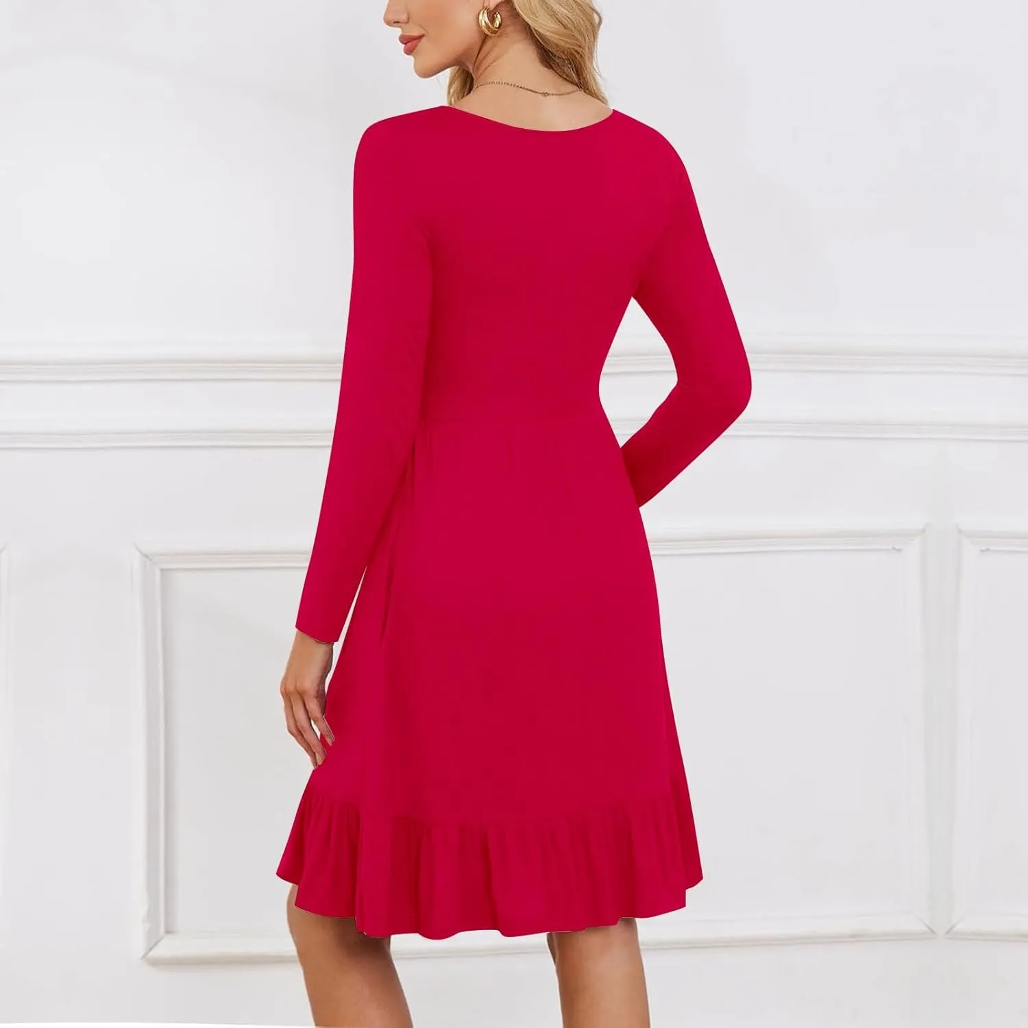 Womens Midi Dresses Trendy Long Sleeve A Line Dress Casual Plus Size Flowy Formal Elegant Floral Knee Length Dress
