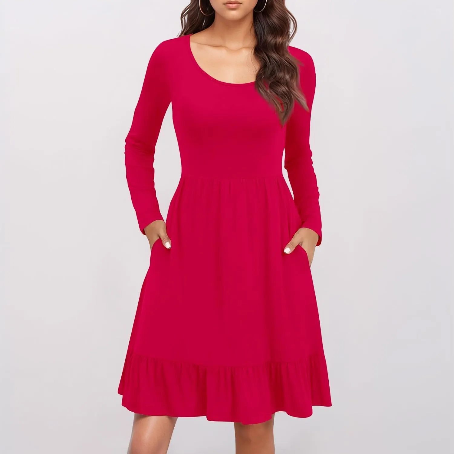 Womens Midi Dresses Trendy Long Sleeve A Line Dress Casual Plus Size Flowy Formal Elegant Floral Knee Length Dress