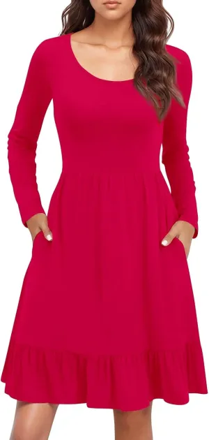 Womens Midi Dresses Trendy Long Sleeve A Line Dress Casual Plus Size Flowy Formal Elegant Floral Knee Length Dress
