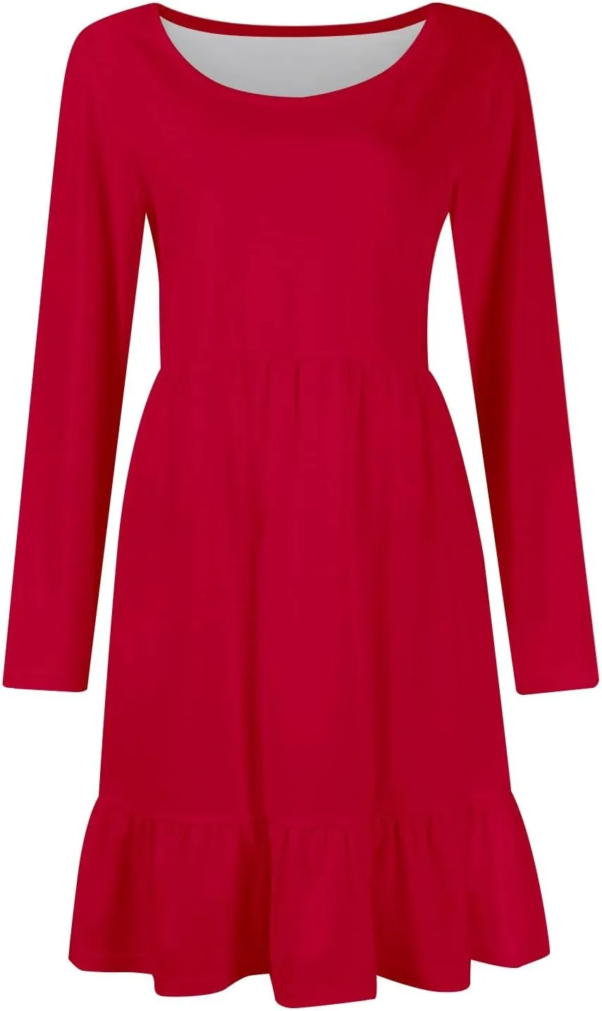 Womens Midi Dresses Trendy Long Sleeve A Line Dress Casual Plus Size Flowy Formal Elegant Floral Knee Length Dress