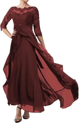Women's Mother of The Bride Dresses Lace Applique Chiffon Evening Formal Dress Half Sleeve Wedding Guest Dress