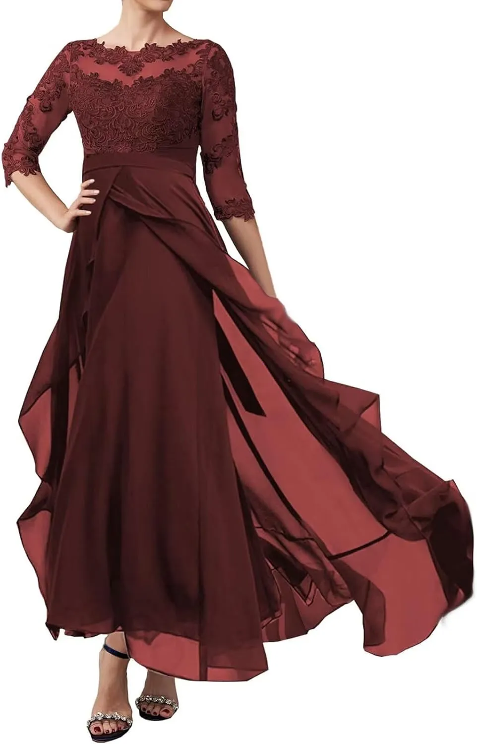Women's Mother of The Bride Dresses Lace Applique Chiffon Evening Formal Dress Half Sleeve Wedding Guest Dress