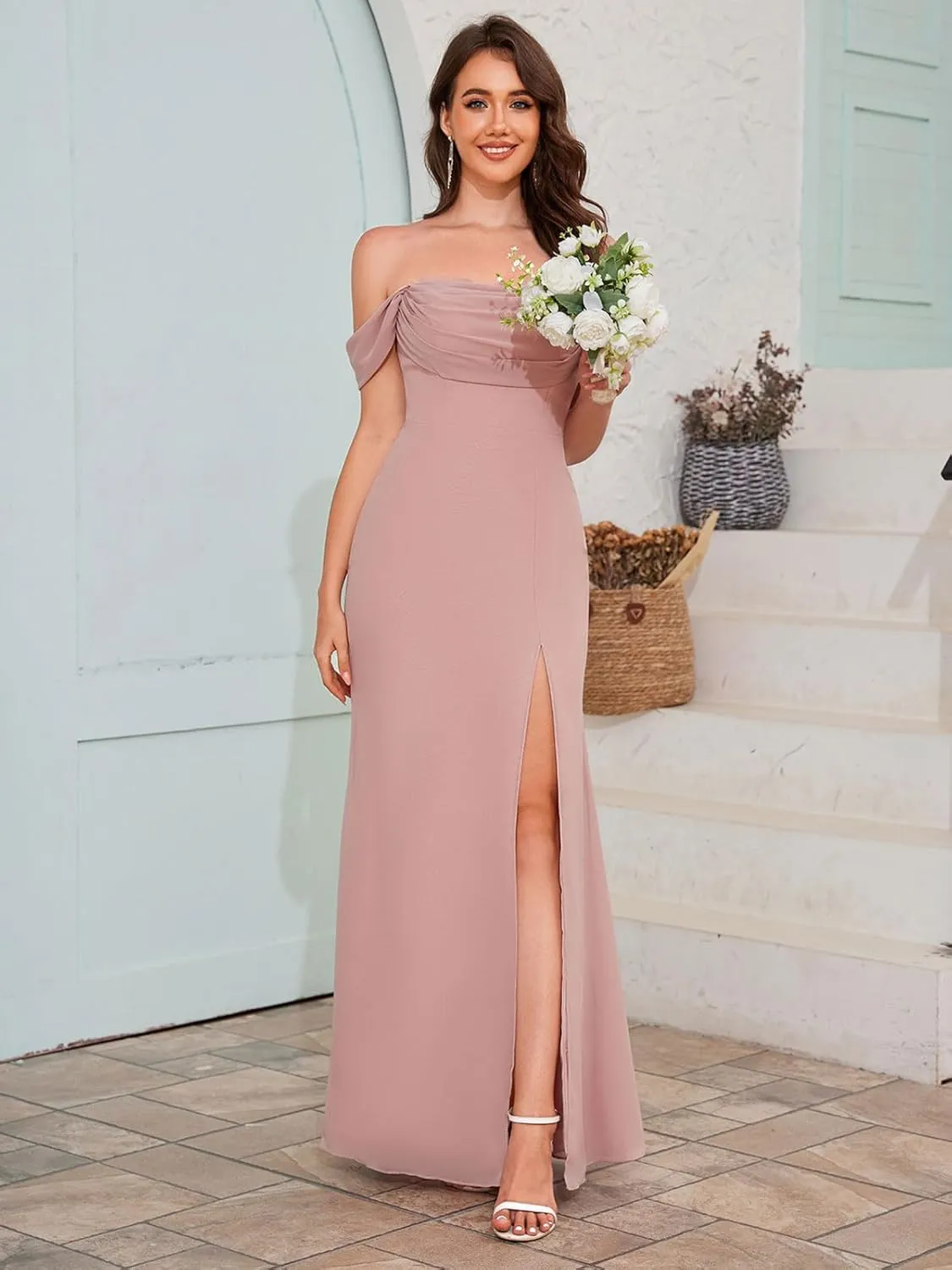 Women's Off The Shoulder Bridesmaid Dresses Side Split Chiffon Mermaid Long Formal Prom Dress