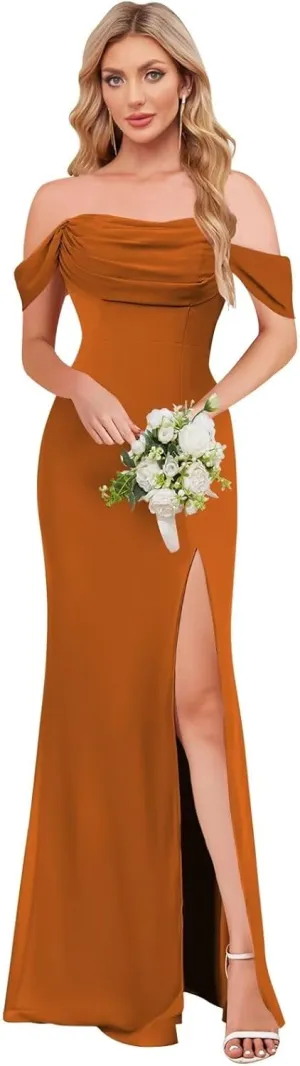 Women's Off The Shoulder Bridesmaid Dresses Side Split Chiffon Mermaid Long Formal Prom Dress