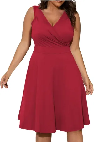 Womens Plus Size Casual Summer Dresses Sleeveless V Neck Midi Dress A Line Sundress Vacation Outfits with Pockets
